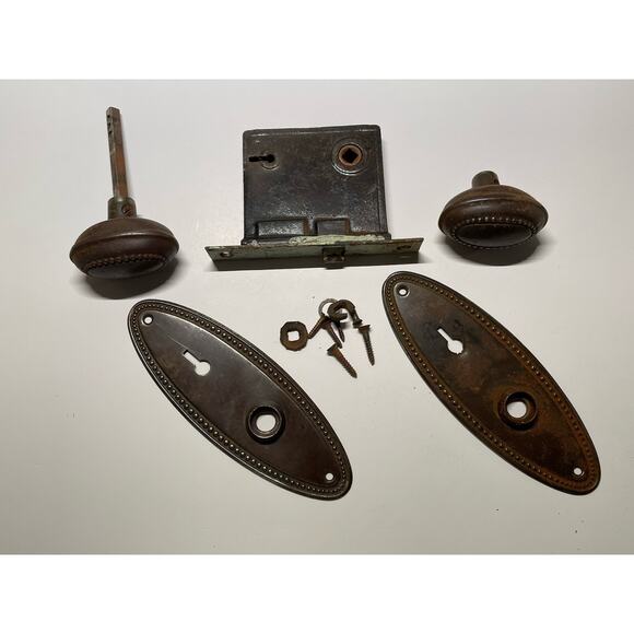 Antique Beaded Mortise Lock Door Knob Set Back Plate Japanned Victorian 1800s - Picture 1 of 12